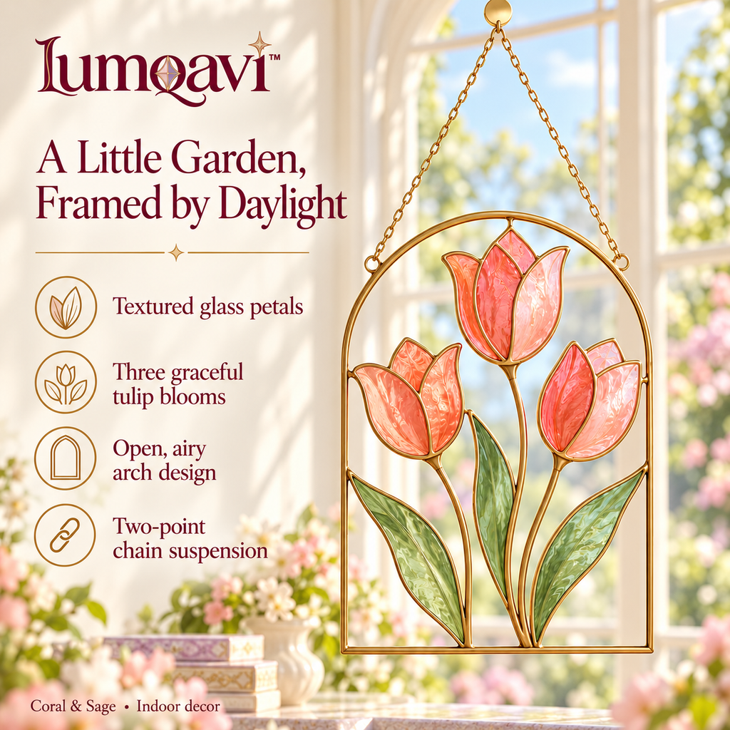 lumqavi™ Tulip Arch Glass Suncatcher — Floral Window Hanging with Textured Glass Petals, Botanical Kitchen & Living Room Decor, 8 Inch