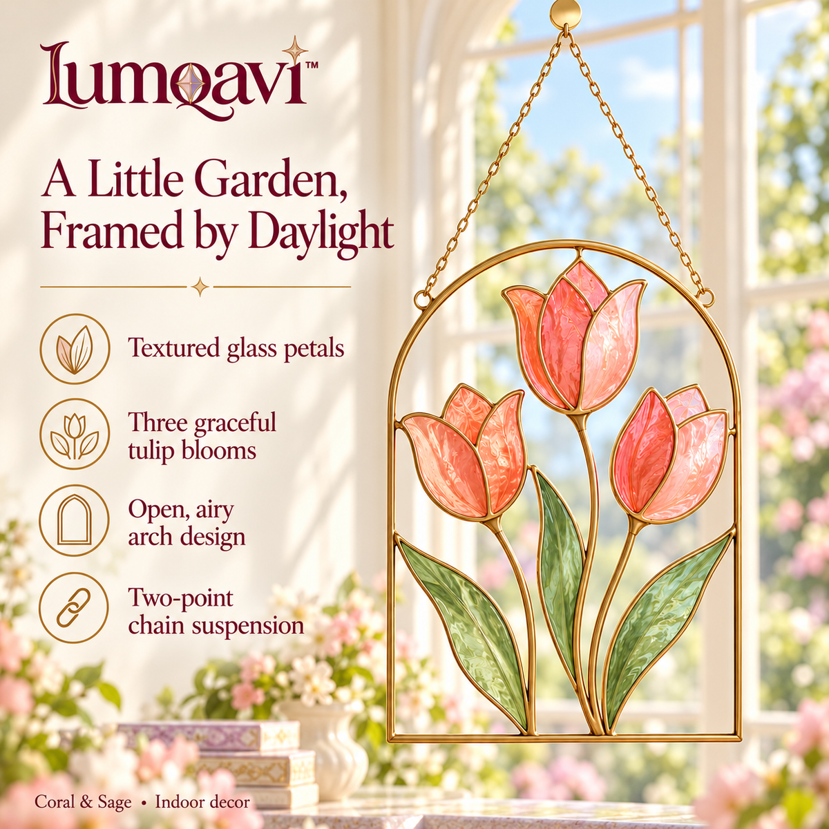 lumqavi™ Tulip Arch Glass Suncatcher — Floral Window Hanging with Textured Glass Petals, Botanical Kitchen & Living Room Decor, 8 Inch