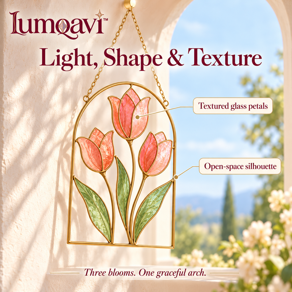 lumqavi™ Tulip Arch Glass Suncatcher — Floral Window Hanging with Textured Glass Petals, Botanical Kitchen & Living Room Decor, 8 Inch