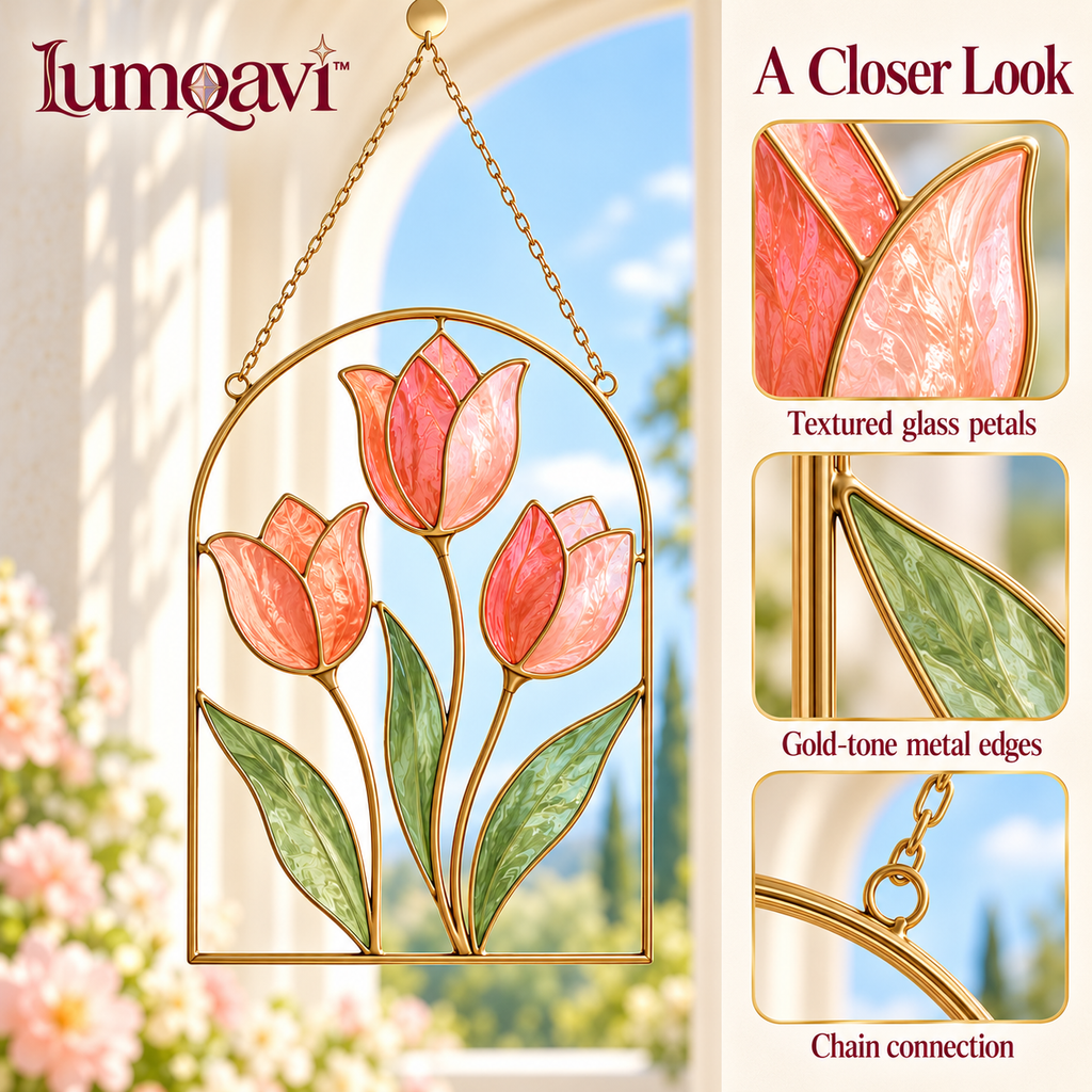 lumqavi™ Tulip Arch Glass Suncatcher — Floral Window Hanging with Textured Glass Petals, Botanical Kitchen & Living Room Decor, 8 Inch