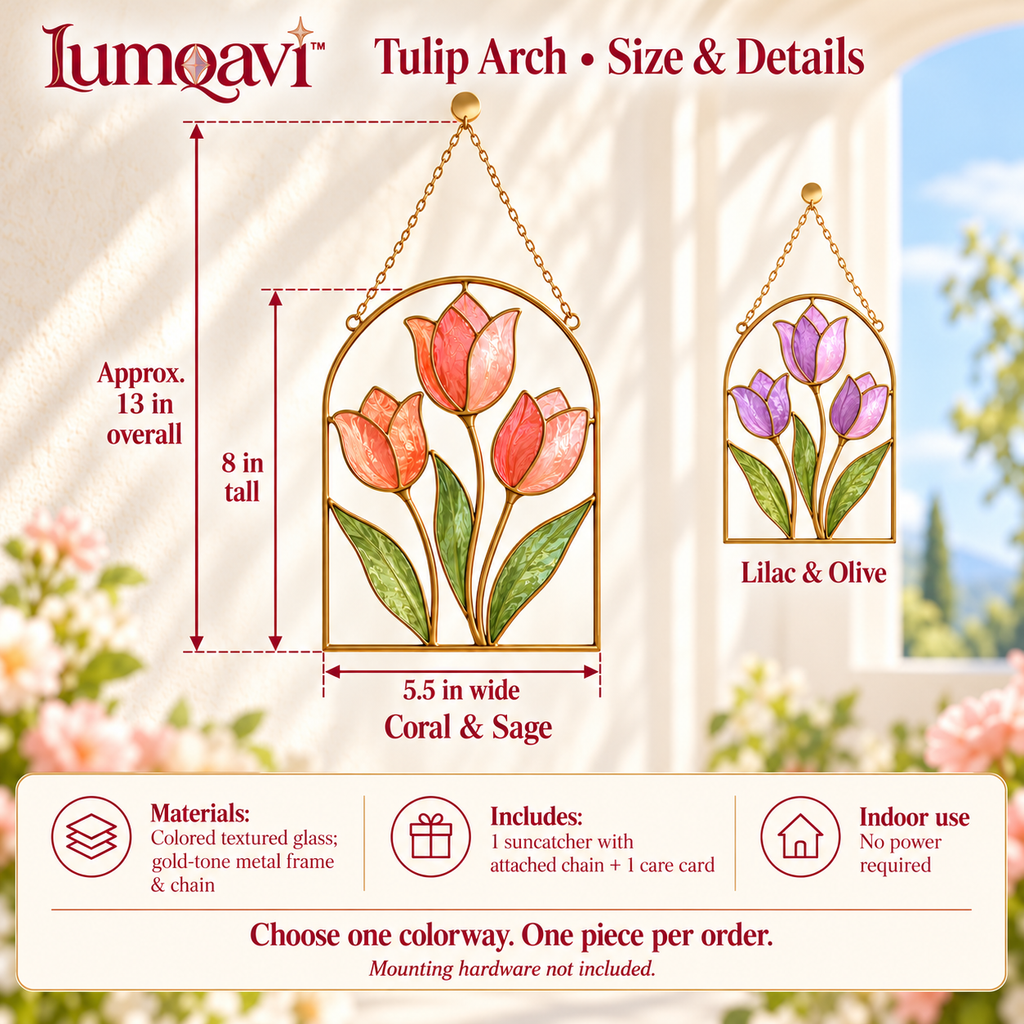 lumqavi™ Tulip Arch Glass Suncatcher — Floral Window Hanging with Textured Glass Petals, Botanical Kitchen & Living Room Decor, 8 Inch