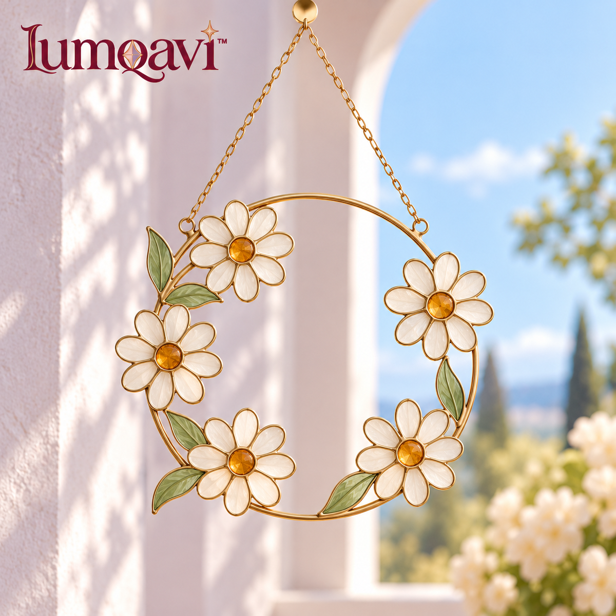 lumqavi™ Daisy Wreath Glass Suncatcher — Round Floral Window Hanging, Amber & Frosted Glass Flower Decor for Kitchen Windows, 7 Inch