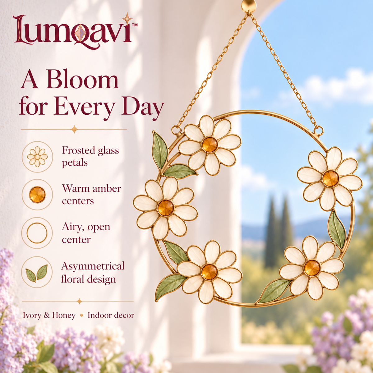 lumqavi™ Daisy Wreath Glass Suncatcher — Round Floral Window Hanging, Amber & Frosted Glass Flower Decor for Kitchen Windows, 7 Inch