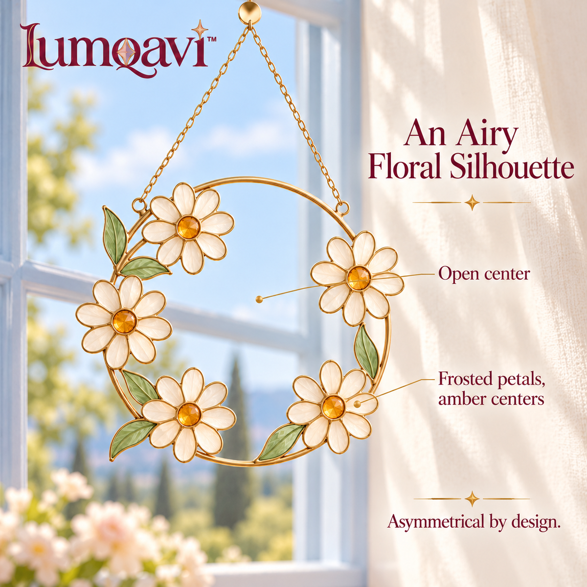 lumqavi™ Daisy Wreath Glass Suncatcher — Round Floral Window Hanging, Amber & Frosted Glass Flower Decor for Kitchen Windows, 7 Inch