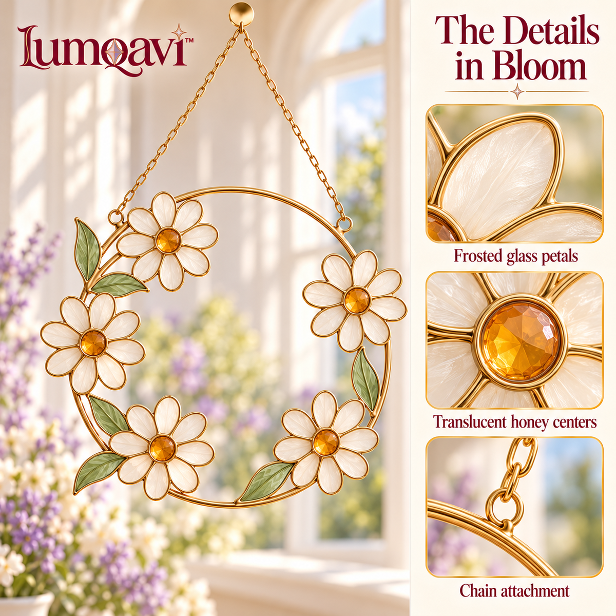 lumqavi™ Daisy Wreath Glass Suncatcher — Round Floral Window Hanging, Amber & Frosted Glass Flower Decor for Kitchen Windows, 7 Inch