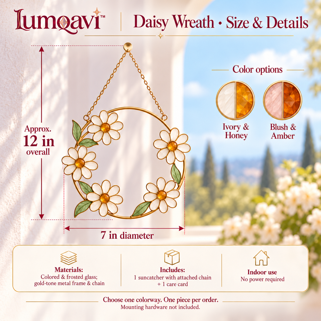 lumqavi™ Daisy Wreath Glass Suncatcher — Round Floral Window Hanging, Amber & Frosted Glass Flower Decor for Kitchen Windows, 7 Inch