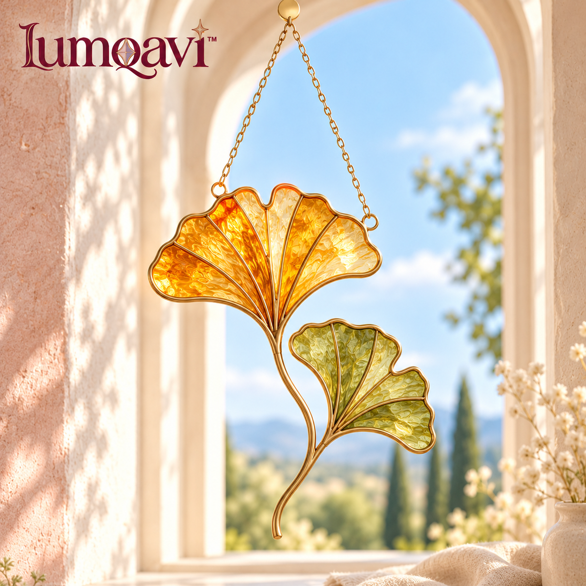 lumqavi™ Ginkgo Leaf Glass Suncatcher — Botanical Window Hanging with Twin Fan-Shaped Leaves, Modern Nature-Inspired Home Decor, 8.5 Inch