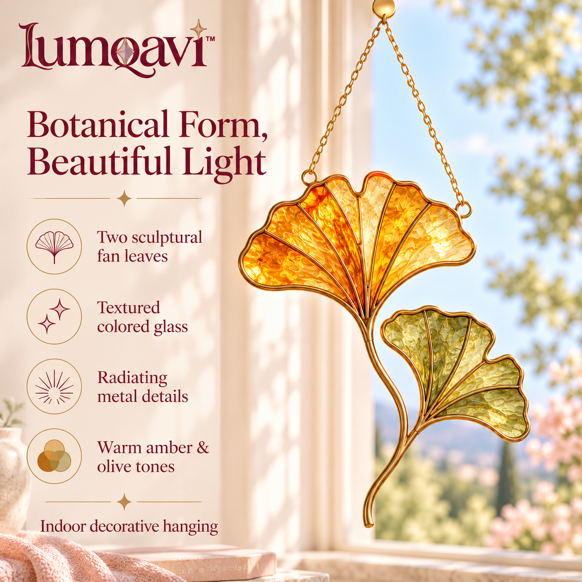 lumqavi™ Ginkgo Leaf Glass Suncatcher — Botanical Window Hanging with Twin Fan-Shaped Leaves, Modern Nature-Inspired Home Decor, 8.5 Inch