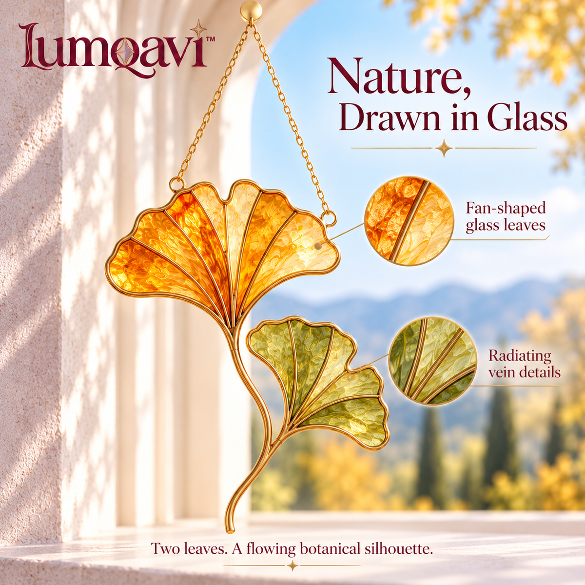 lumqavi™ Ginkgo Leaf Glass Suncatcher — Botanical Window Hanging with Twin Fan-Shaped Leaves, Modern Nature-Inspired Home Decor, 8.5 Inch