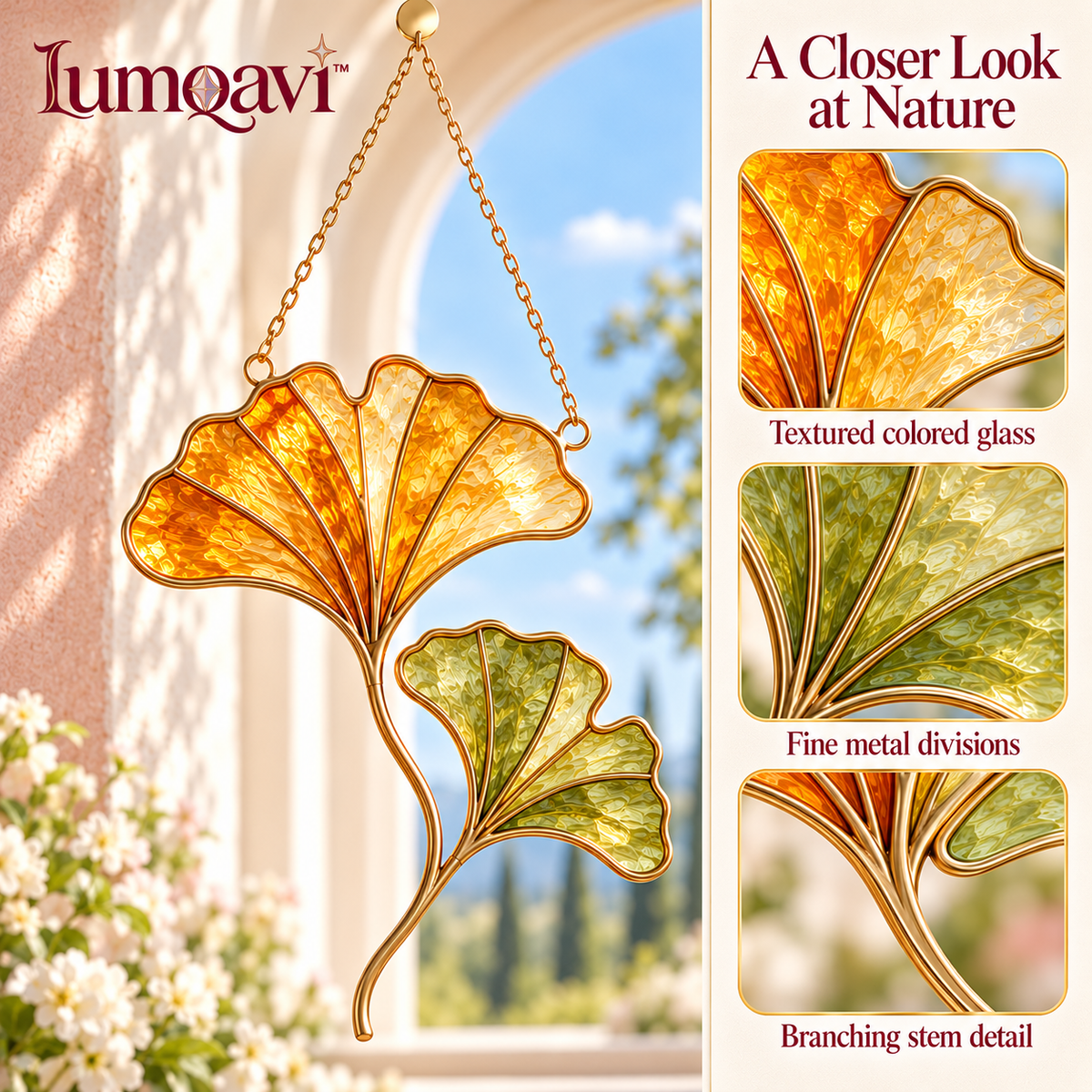 lumqavi™ Ginkgo Leaf Glass Suncatcher — Botanical Window Hanging with Twin Fan-Shaped Leaves, Modern Nature-Inspired Home Decor, 8.5 Inch