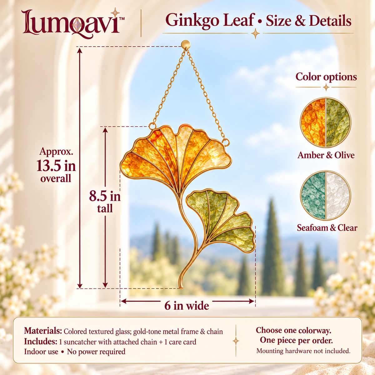 lumqavi™ Ginkgo Leaf Glass Suncatcher — Botanical Window Hanging with Twin Fan-Shaped Leaves, Modern Nature-Inspired Home Decor, 8.5 Inch