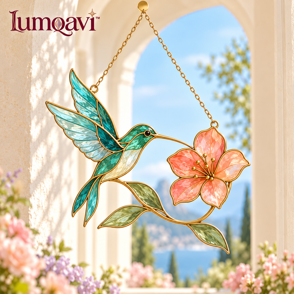 lumqavi™ Hummingbird & Blossom Glass Suncatcher — Colorful Bird Window Hanging, Floral Nature Decor for Kitchen & Sunroom Windows, 8 Inch