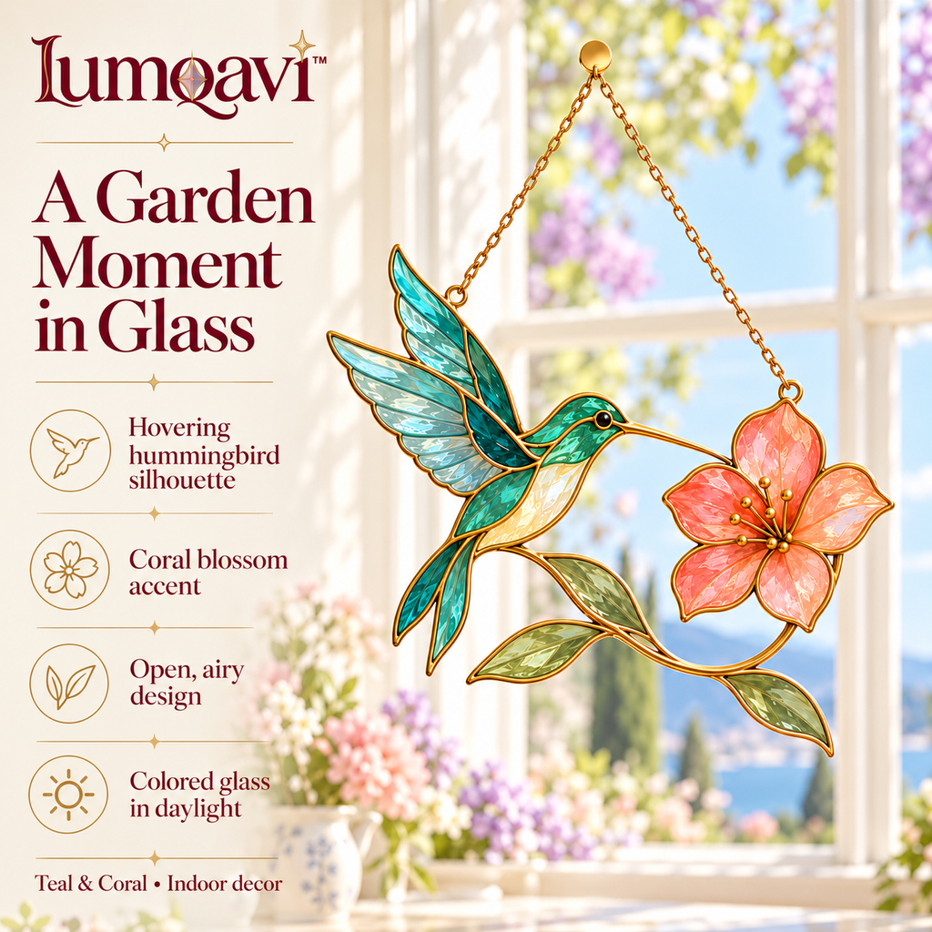 lumqavi™ Hummingbird & Blossom Glass Suncatcher — Colorful Bird Window Hanging, Floral Nature Decor for Kitchen & Sunroom Windows, 8 Inch