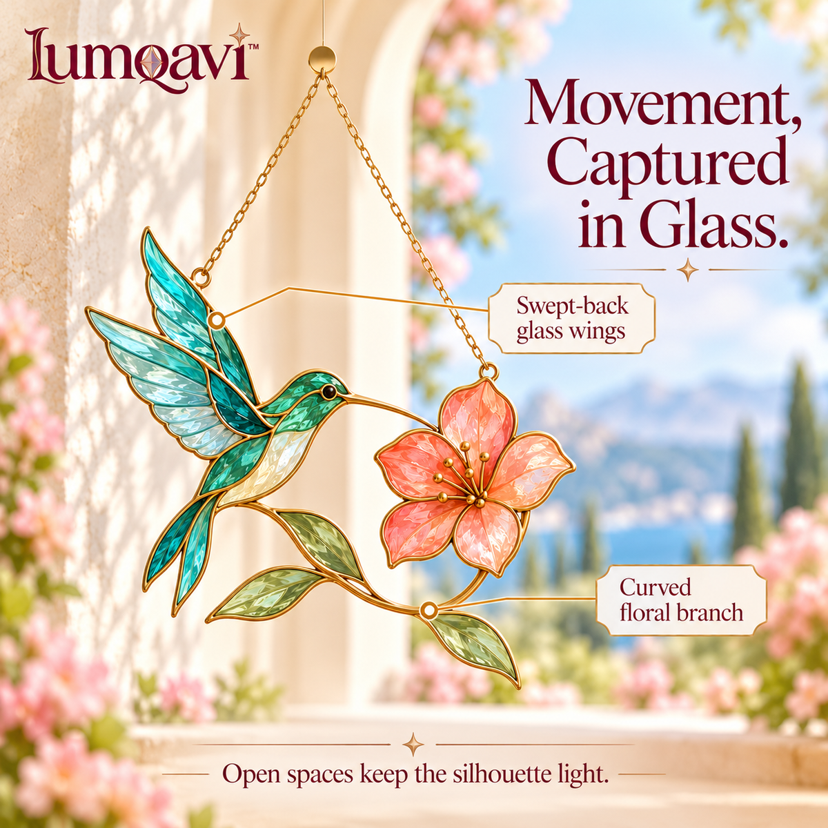 lumqavi™ Hummingbird & Blossom Glass Suncatcher — Colorful Bird Window Hanging, Floral Nature Decor for Kitchen & Sunroom Windows, 8 Inch
