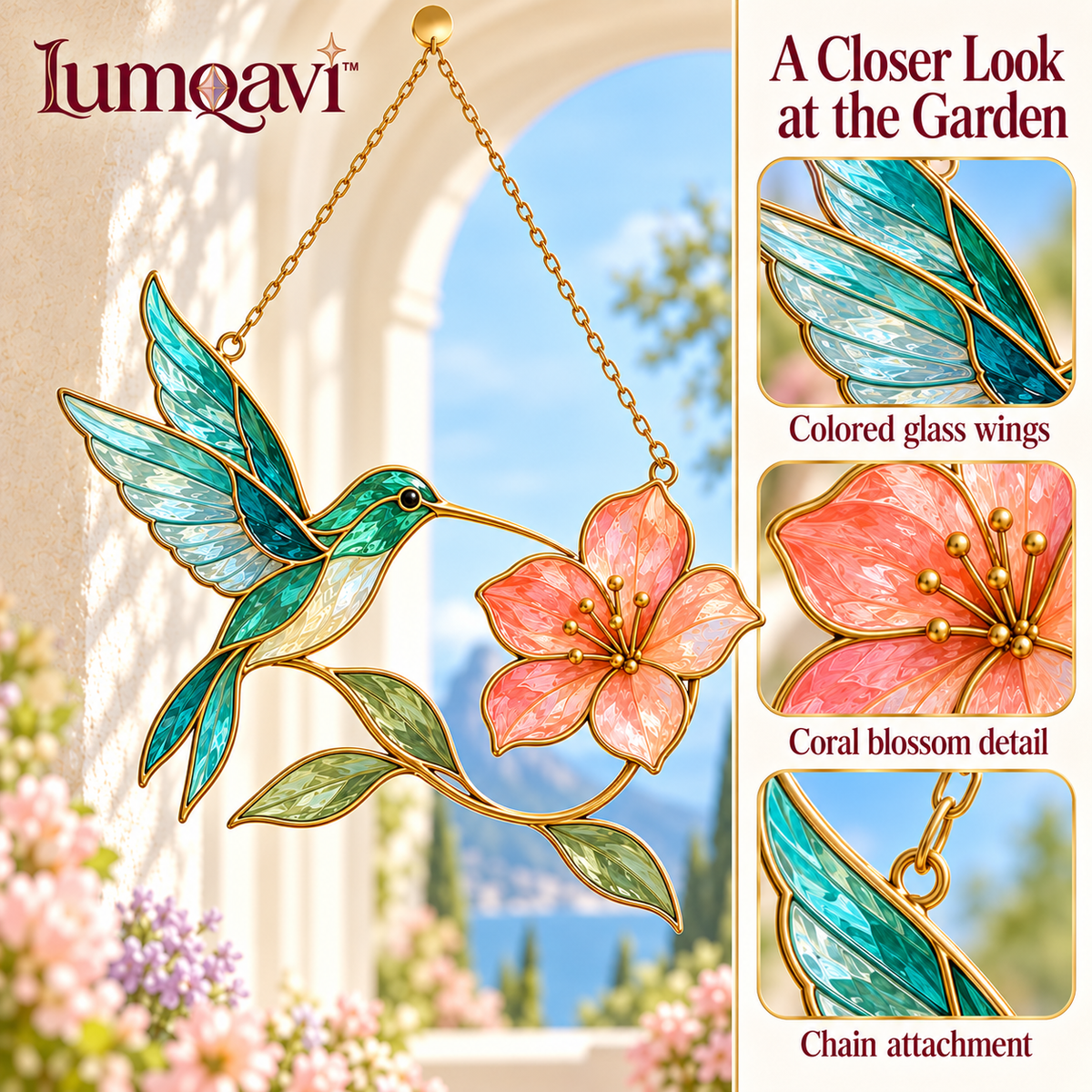 lumqavi™ Hummingbird & Blossom Glass Suncatcher — Colorful Bird Window Hanging, Floral Nature Decor for Kitchen & Sunroom Windows, 8 Inch