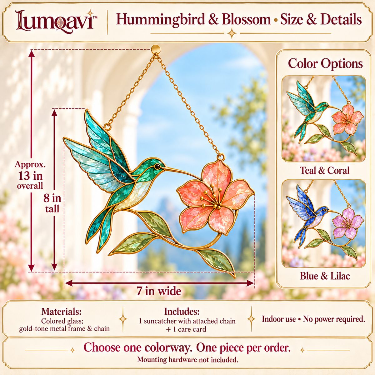 lumqavi™ Hummingbird & Blossom Glass Suncatcher — Colorful Bird Window Hanging, Floral Nature Decor for Kitchen & Sunroom Windows, 8 Inch