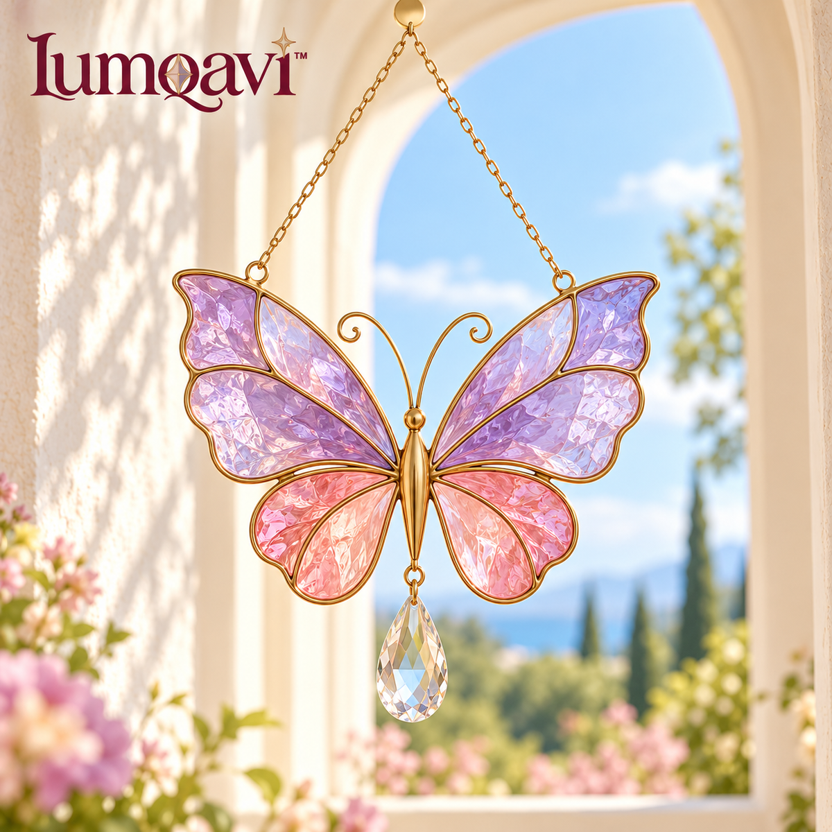 lumqavi™ Butterfly Glass Suncatcher with Teardrop Prism — Colorful Window Hanging, Rainbow Accent Decor for Sunny Indoor Windows, 6.5 Inch