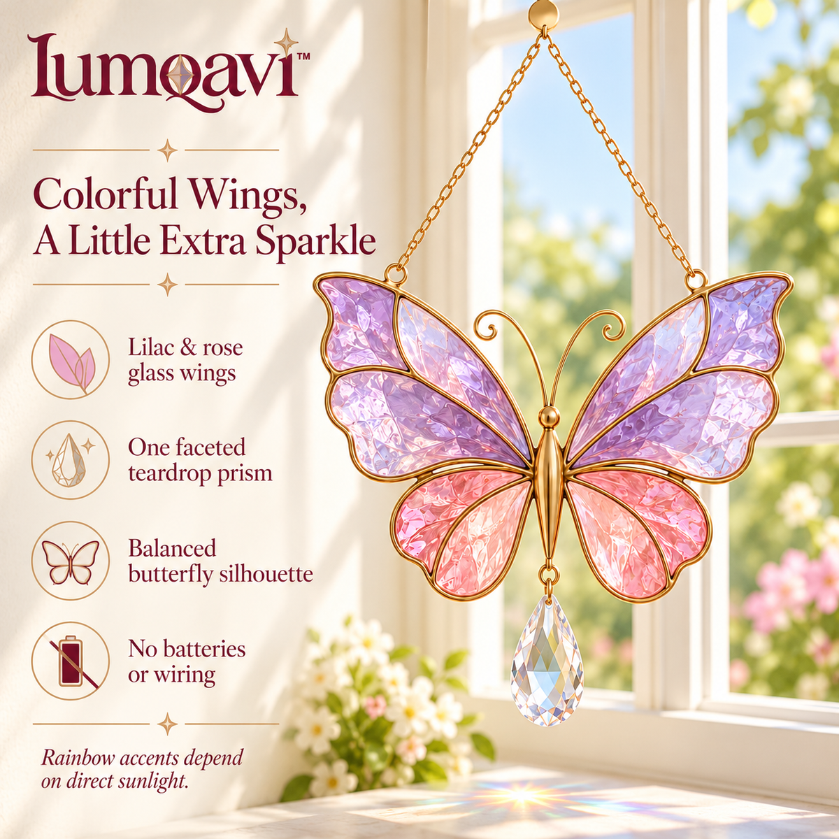 lumqavi™ Butterfly Glass Suncatcher with Teardrop Prism — Colorful Window Hanging, Rainbow Accent Decor for Sunny Indoor Windows, 6.5 Inch