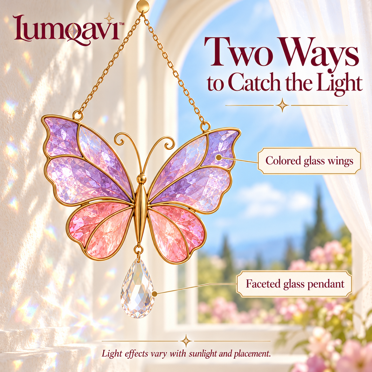 lumqavi™ Butterfly Glass Suncatcher with Teardrop Prism — Colorful Window Hanging, Rainbow Accent Decor for Sunny Indoor Windows, 6.5 Inch