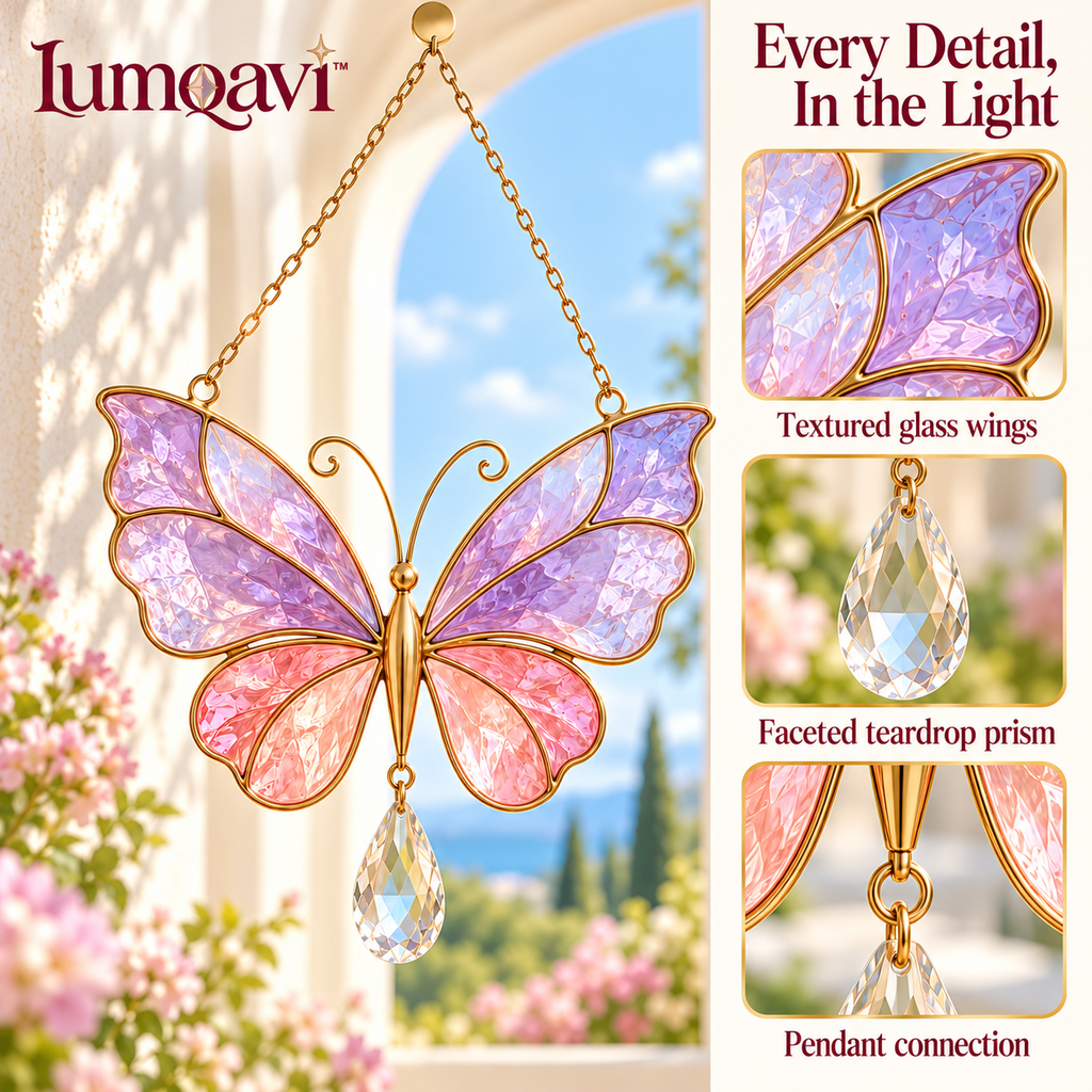 lumqavi™ Butterfly Glass Suncatcher with Teardrop Prism — Colorful Window Hanging, Rainbow Accent Decor for Sunny Indoor Windows, 6.5 Inch