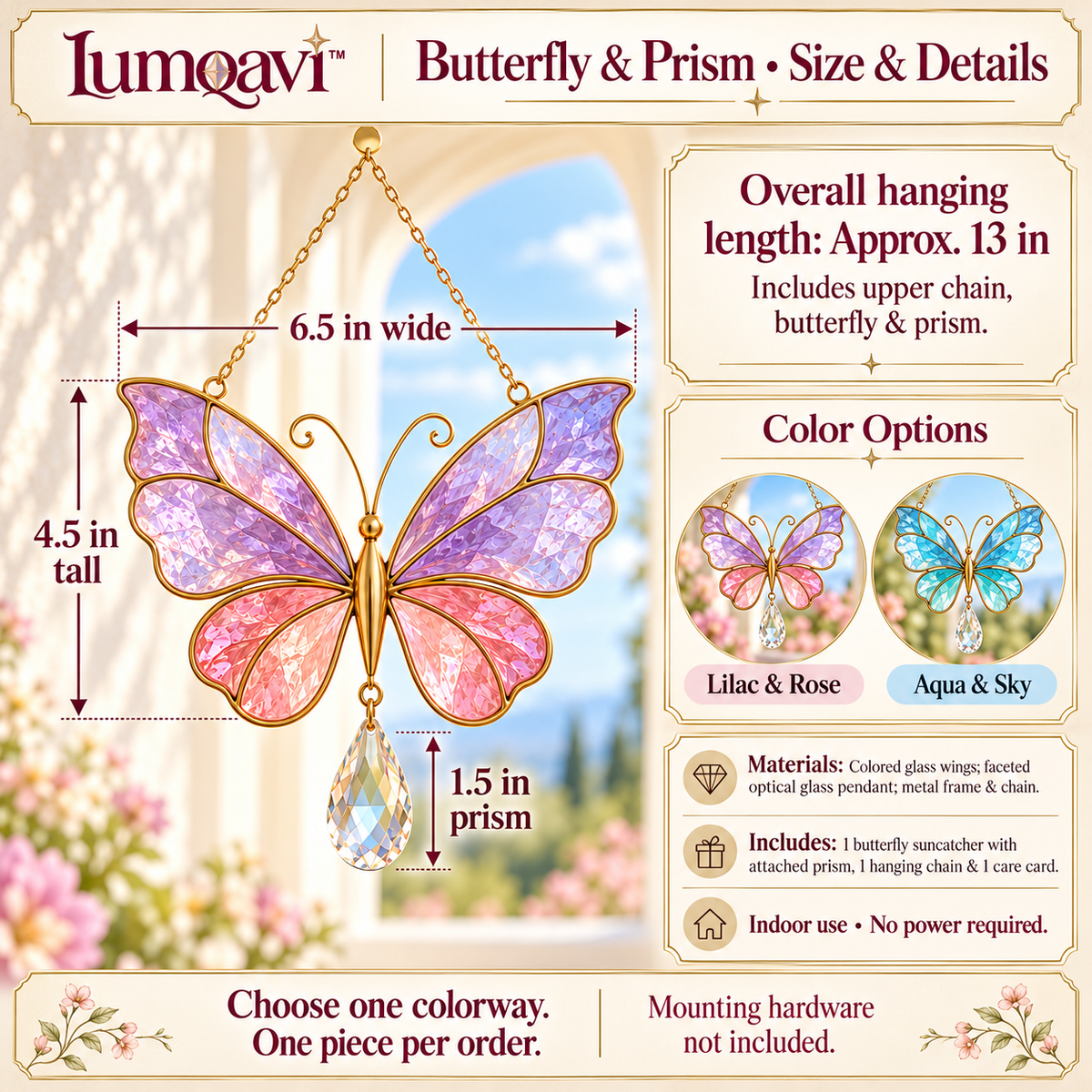 lumqavi™ Butterfly Glass Suncatcher with Teardrop Prism — Colorful Window Hanging, Rainbow Accent Decor for Sunny Indoor Windows, 6.5 Inch