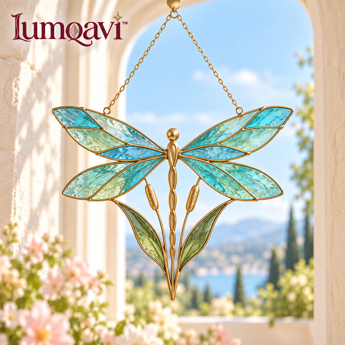 lumqavi™ Dragonfly & Reeds Glass Suncatcher — Textured Wing Window Hanging, Botanical Pond-Inspired Home Decor, 7.5 Inch