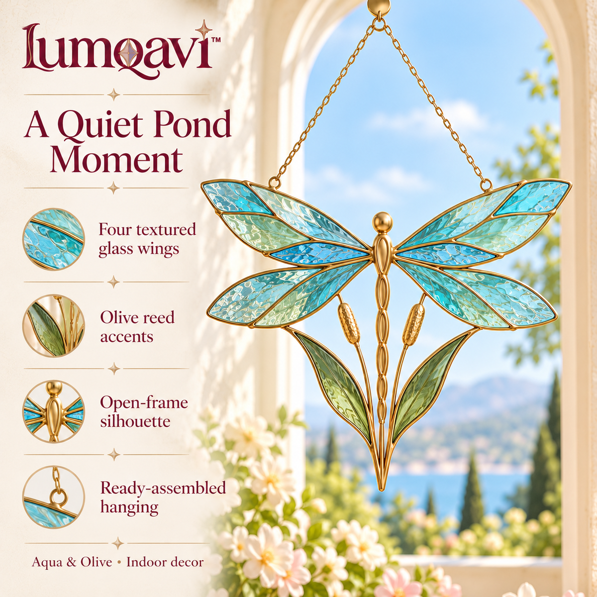 lumqavi™ Dragonfly & Reeds Glass Suncatcher — Textured Wing Window Hanging, Botanical Pond-Inspired Home Decor, 7.5 Inch