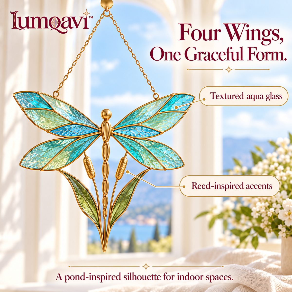 lumqavi™ Dragonfly & Reeds Glass Suncatcher — Textured Wing Window Hanging, Botanical Pond-Inspired Home Decor, 7.5 Inch