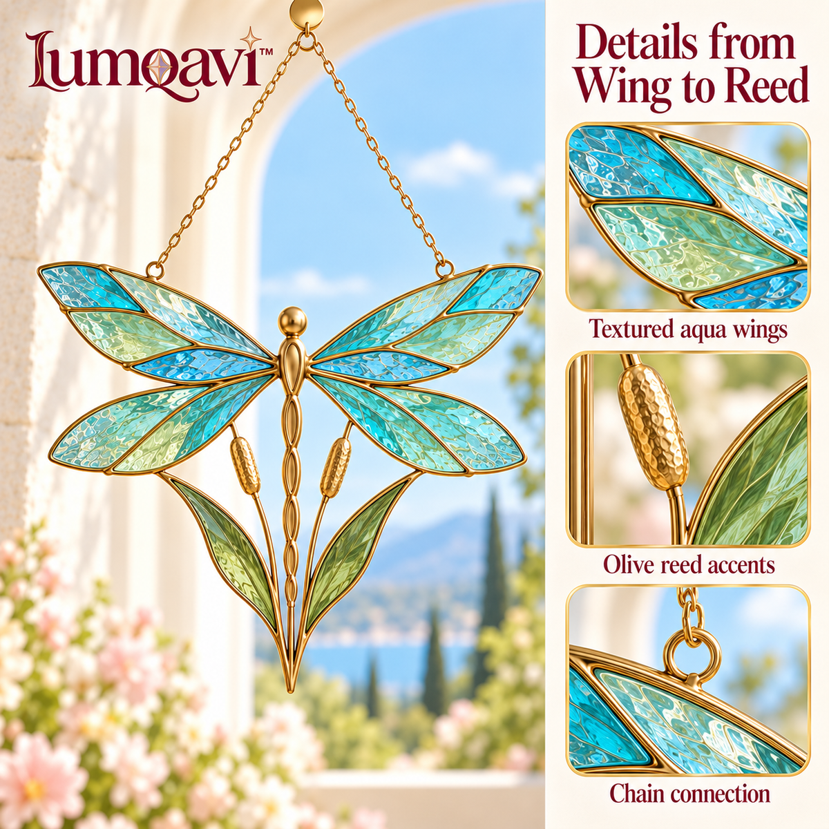 lumqavi™ Dragonfly & Reeds Glass Suncatcher — Textured Wing Window Hanging, Botanical Pond-Inspired Home Decor, 7.5 Inch