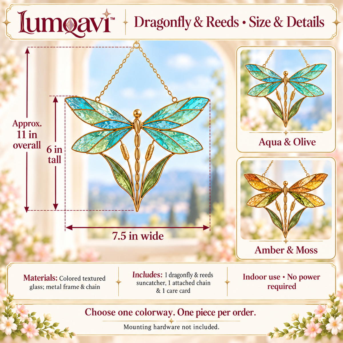 lumqavi™ Dragonfly & Reeds Glass Suncatcher — Textured Wing Window Hanging, Botanical Pond-Inspired Home Decor, 7.5 Inch