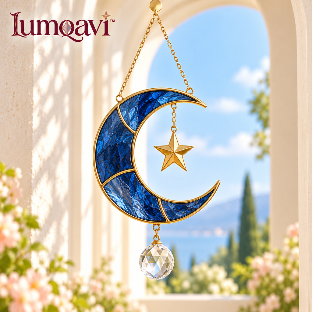 lumqavi™ Crescent Moon & Star Prism Suncatcher — Gold-Tone Celestial Window Hanging with Colored Glass Moon, Indoor Rainbow Decor, 15 Inch