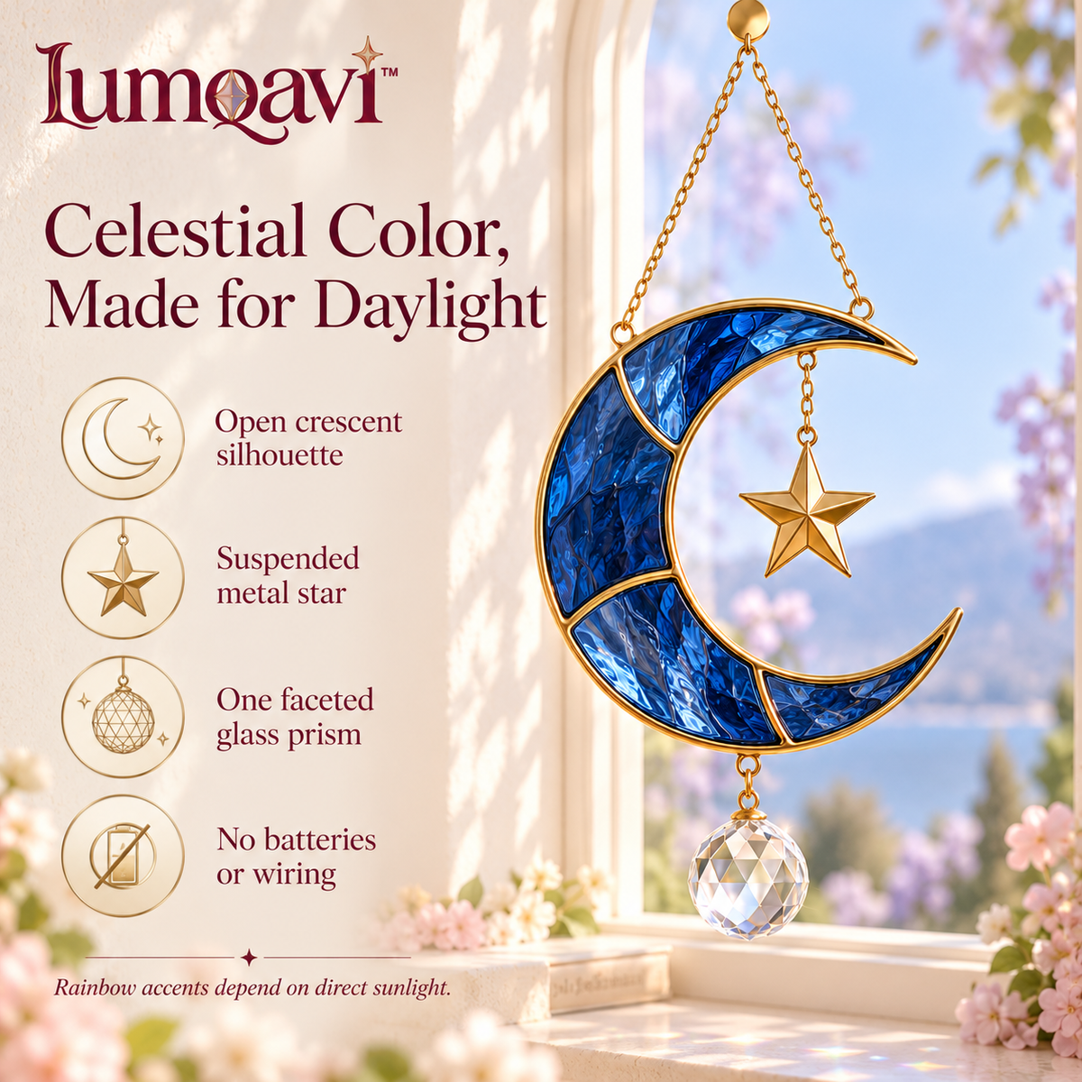 lumqavi™ Crescent Moon & Star Prism Suncatcher — Gold-Tone Celestial Window Hanging with Colored Glass Moon, Indoor Rainbow Decor, 15 Inch
