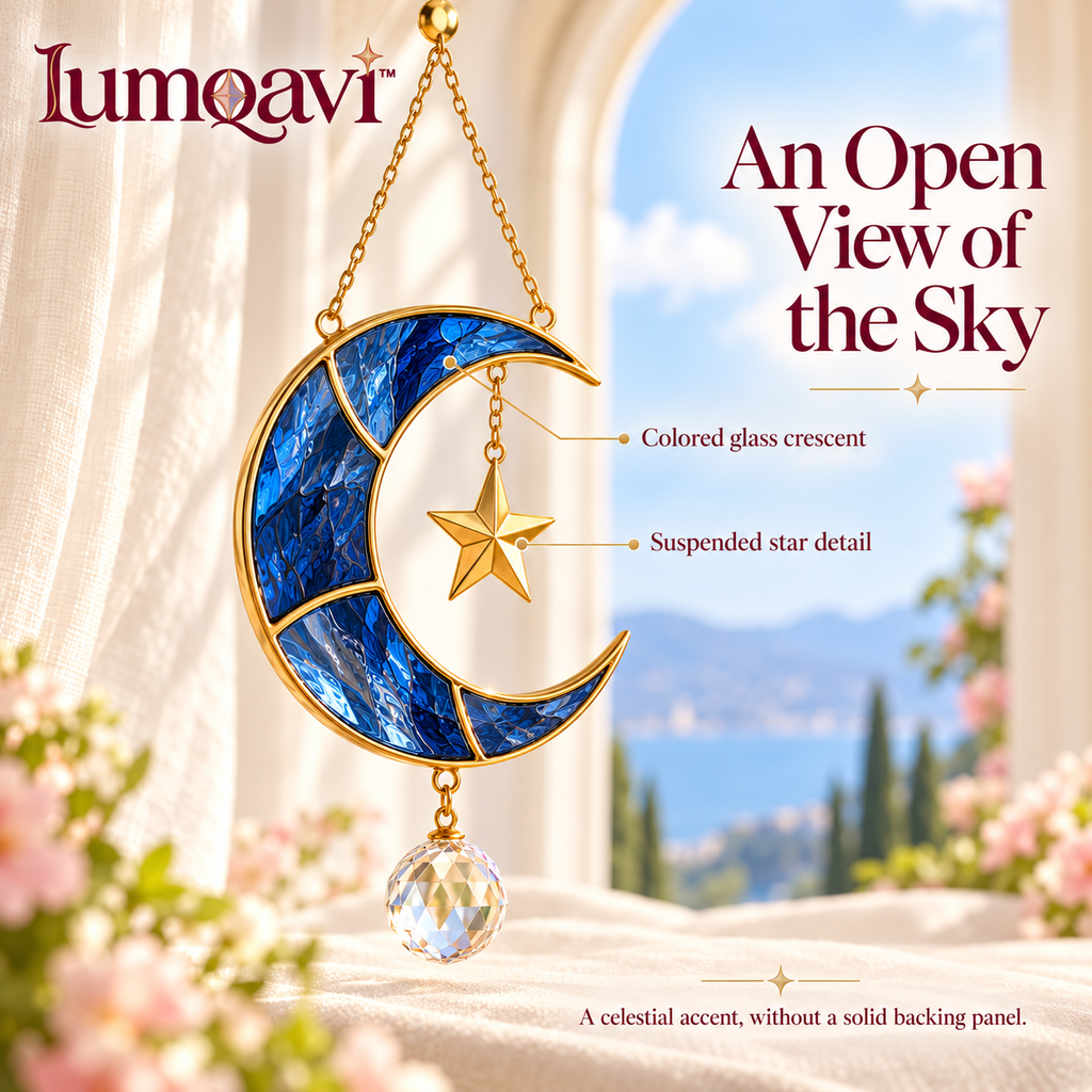 lumqavi™ Crescent Moon & Star Prism Suncatcher — Gold-Tone Celestial Window Hanging with Colored Glass Moon, Indoor Rainbow Decor, 15 Inch