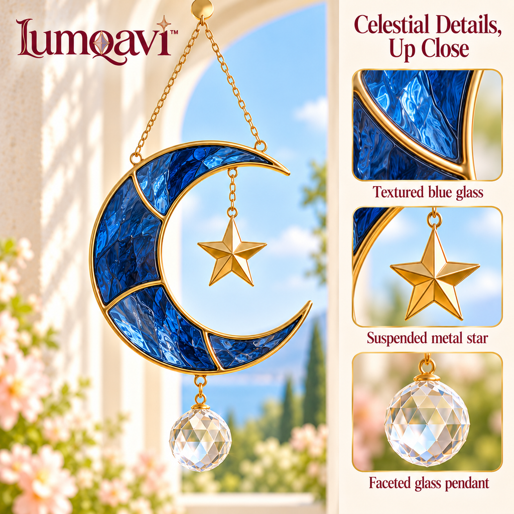 lumqavi™ Crescent Moon & Star Prism Suncatcher — Gold-Tone Celestial Window Hanging with Colored Glass Moon, Indoor Rainbow Decor, 15 Inch