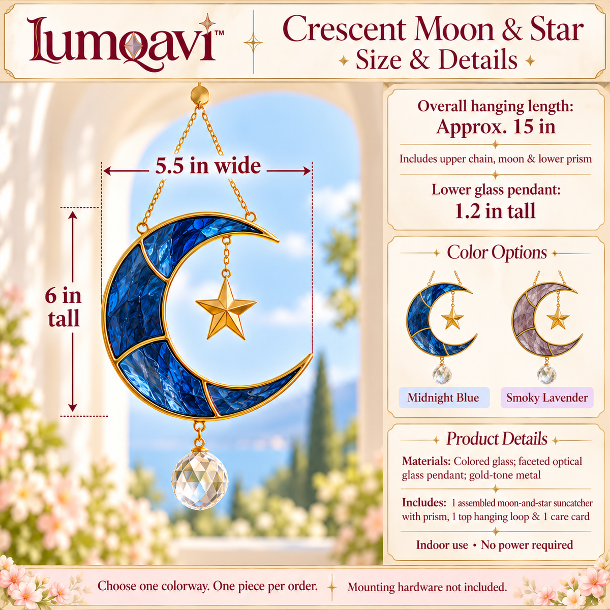 lumqavi™ Crescent Moon & Star Prism Suncatcher — Gold-Tone Celestial Window Hanging with Colored Glass Moon, Indoor Rainbow Decor, 15 Inch
