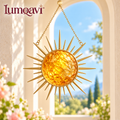 lumqavi™ Sunburst Glass Suncatcher — Round Amber Sun Window Hanging with Open Metal Rays, Warm-Tone Celestial Home Decor, 8 Inch