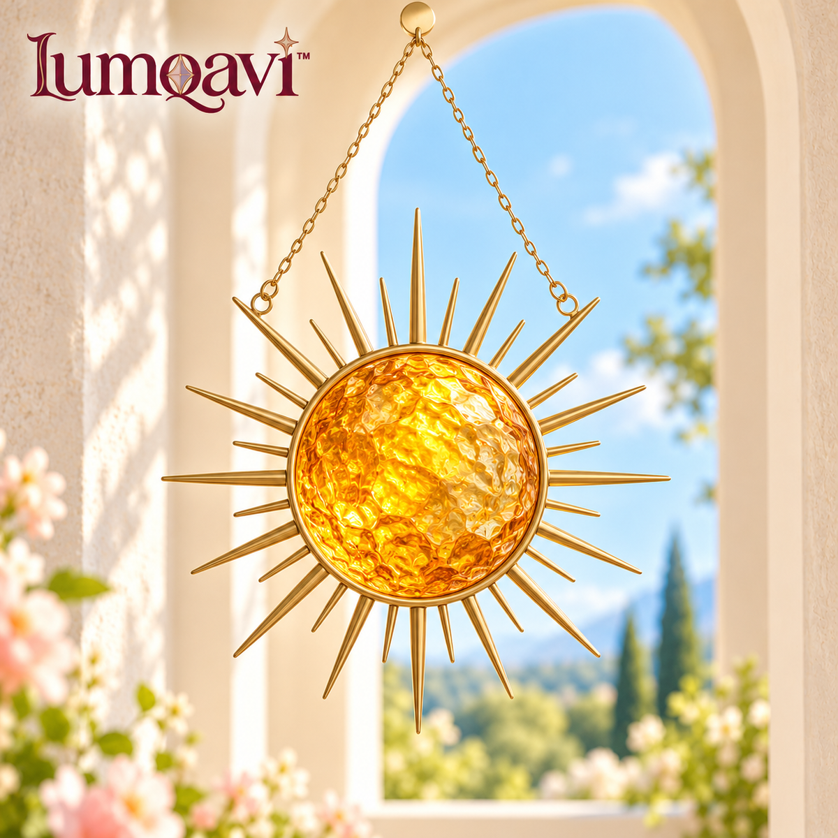 lumqavi™ Sunburst Glass Suncatcher — Round Amber Sun Window Hanging with Open Metal Rays, Warm-Tone Celestial Home Decor, 8 Inch