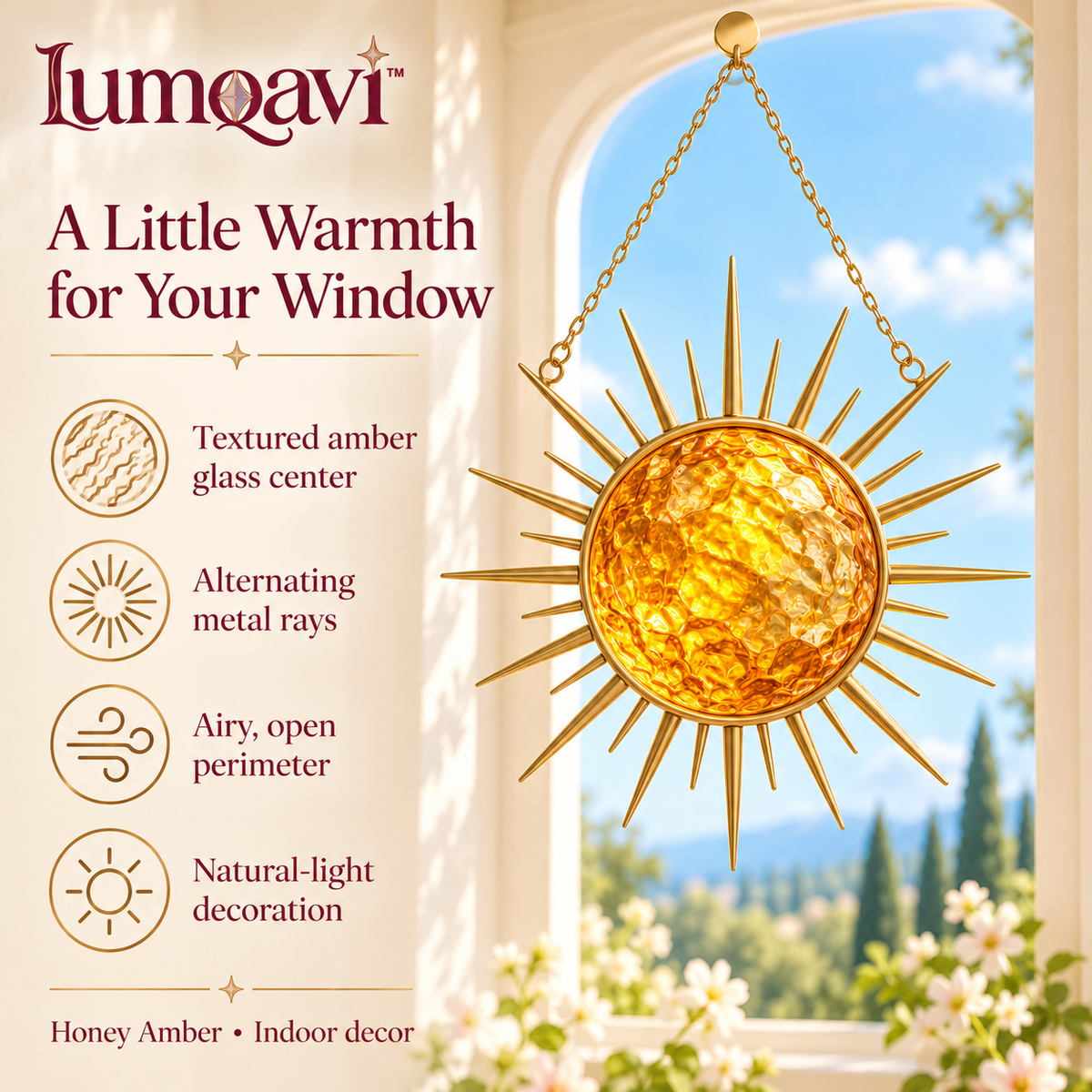 lumqavi™ Sunburst Glass Suncatcher — Round Amber Sun Window Hanging with Open Metal Rays, Warm-Tone Celestial Home Decor, 8 Inch