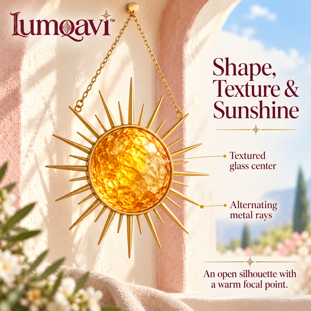 lumqavi™ Sunburst Glass Suncatcher — Round Amber Sun Window Hanging with Open Metal Rays, Warm-Tone Celestial Home Decor, 8 Inch