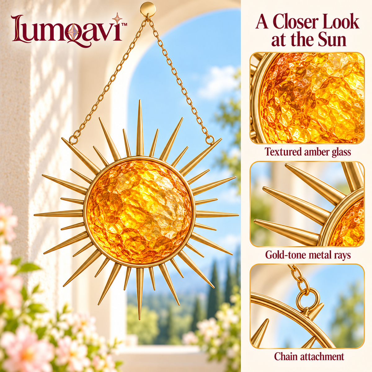 lumqavi™ Sunburst Glass Suncatcher — Round Amber Sun Window Hanging with Open Metal Rays, Warm-Tone Celestial Home Decor, 8 Inch