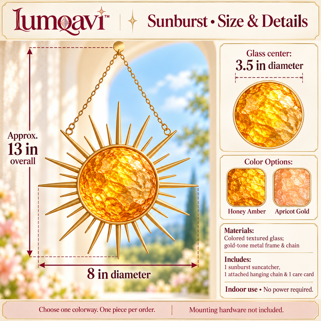 lumqavi™ Sunburst Glass Suncatcher — Round Amber Sun Window Hanging with Open Metal Rays, Warm-Tone Celestial Home Decor, 8 Inch
