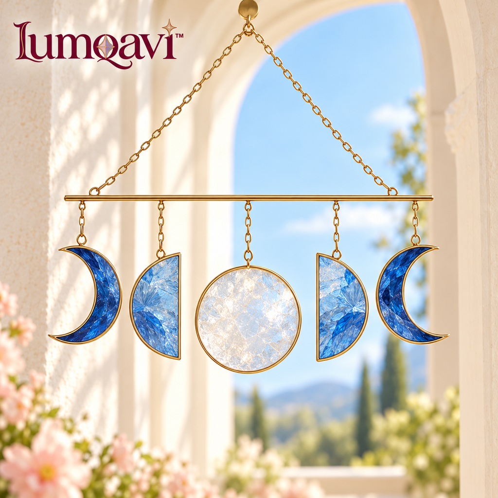 lumqavi™ Moon Phase Glass Suncatcher — Five-Moon Horizontal Window Hanging, Celestial Glass Garland for Indoor Home Decor, 16 Inch