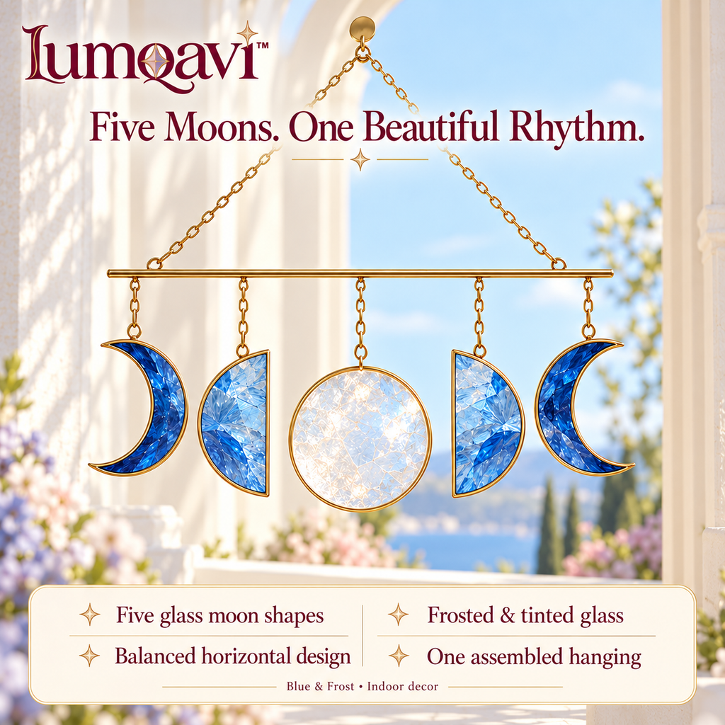 lumqavi™ Moon Phase Glass Suncatcher — Five-Moon Horizontal Window Hanging, Celestial Glass Garland for Indoor Home Decor, 16 Inch
