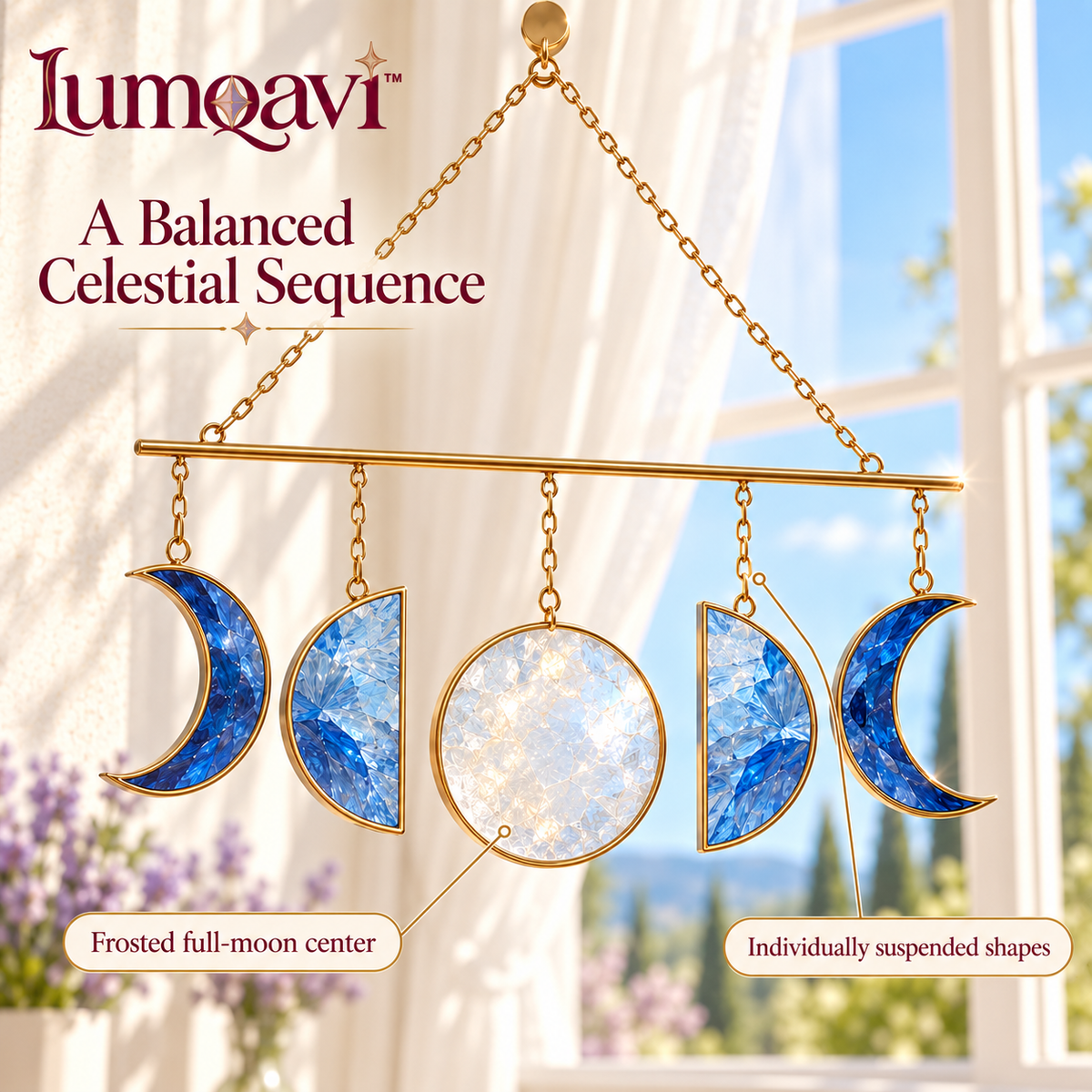 lumqavi™ Moon Phase Glass Suncatcher — Five-Moon Horizontal Window Hanging, Celestial Glass Garland for Indoor Home Decor, 16 Inch