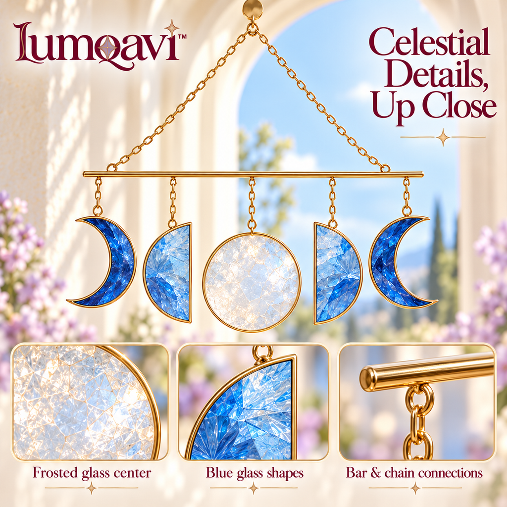 lumqavi™ Moon Phase Glass Suncatcher — Five-Moon Horizontal Window Hanging, Celestial Glass Garland for Indoor Home Decor, 16 Inch
