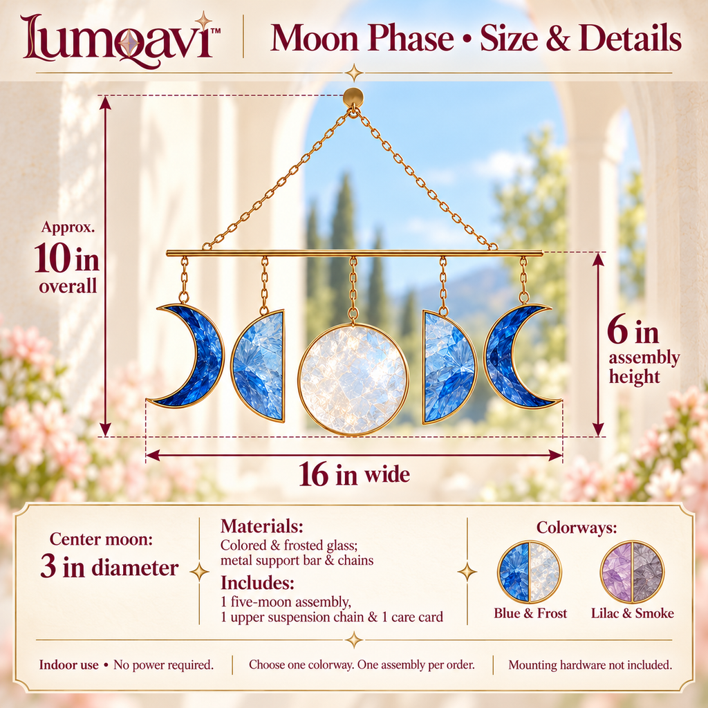 lumqavi™ Moon Phase Glass Suncatcher — Five-Moon Horizontal Window Hanging, Celestial Glass Garland for Indoor Home Decor, 16 Inch