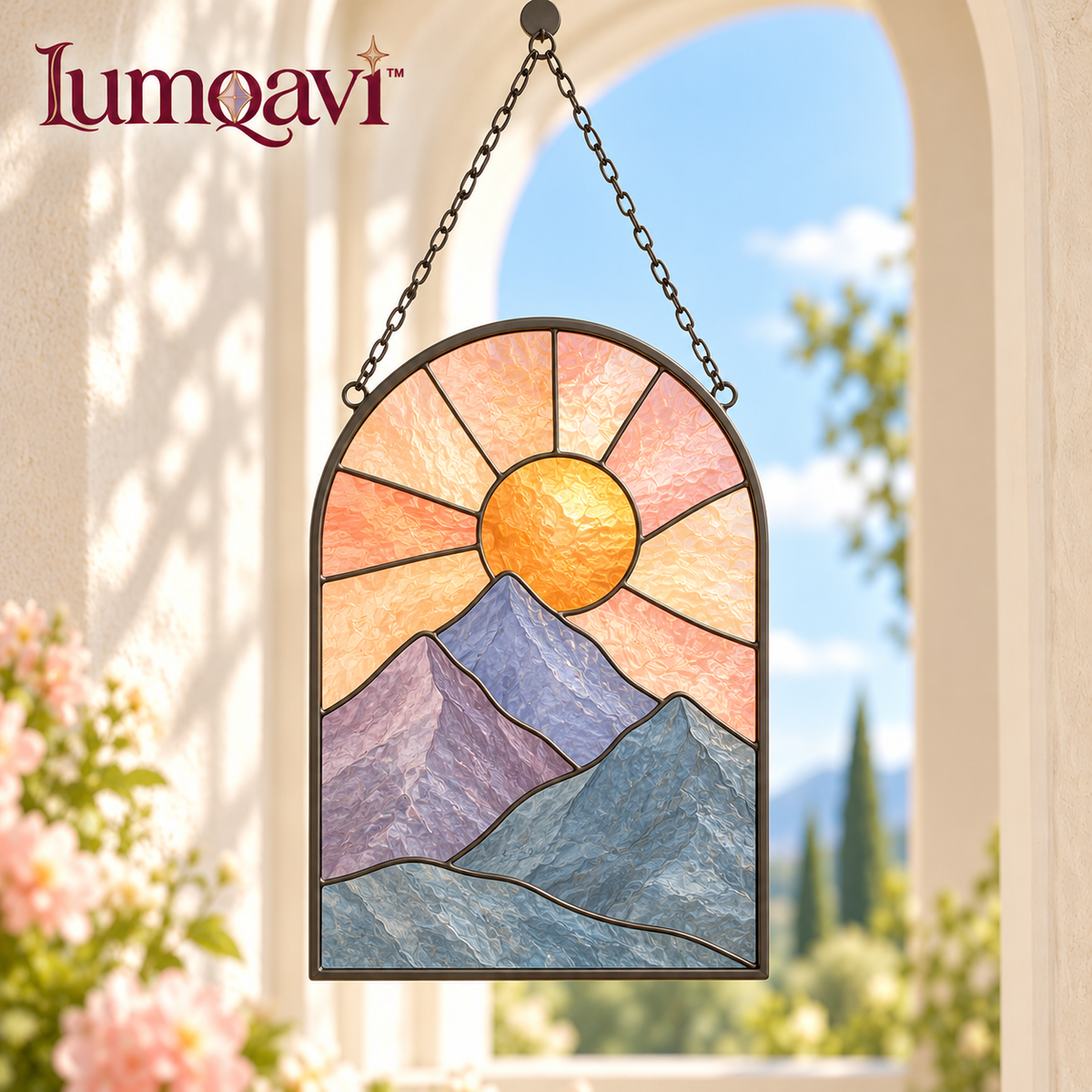 lumqavi™ Mountain Sunrise Glass Suncatcher — Arched Landscape Window Hanging with Layered Peaks, Nature-Inspired Home Decor, 9 Inch