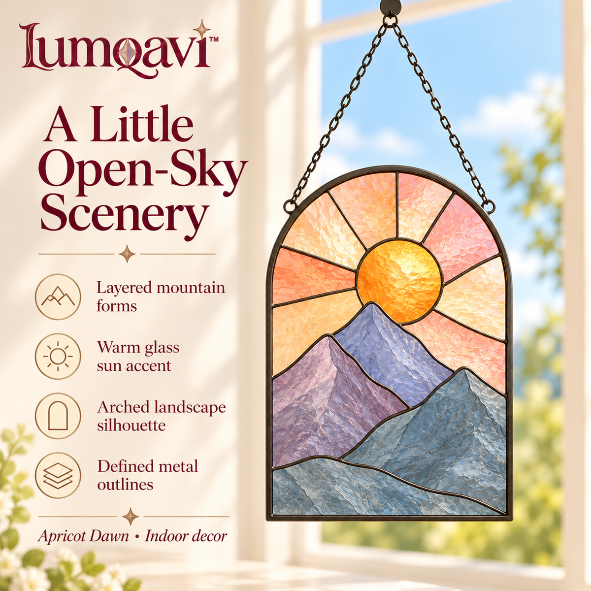 lumqavi™ Mountain Sunrise Glass Suncatcher — Arched Landscape Window Hanging with Layered Peaks, Nature-Inspired Home Decor, 9 Inch
