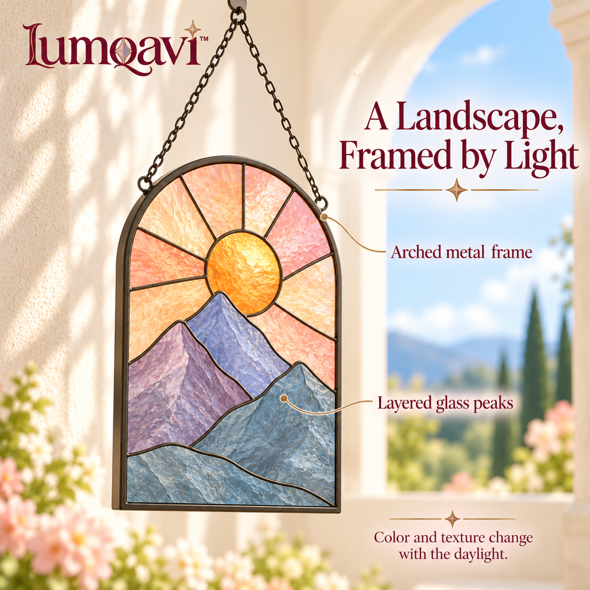 lumqavi™ Mountain Sunrise Glass Suncatcher — Arched Landscape Window Hanging with Layered Peaks, Nature-Inspired Home Decor, 9 Inch