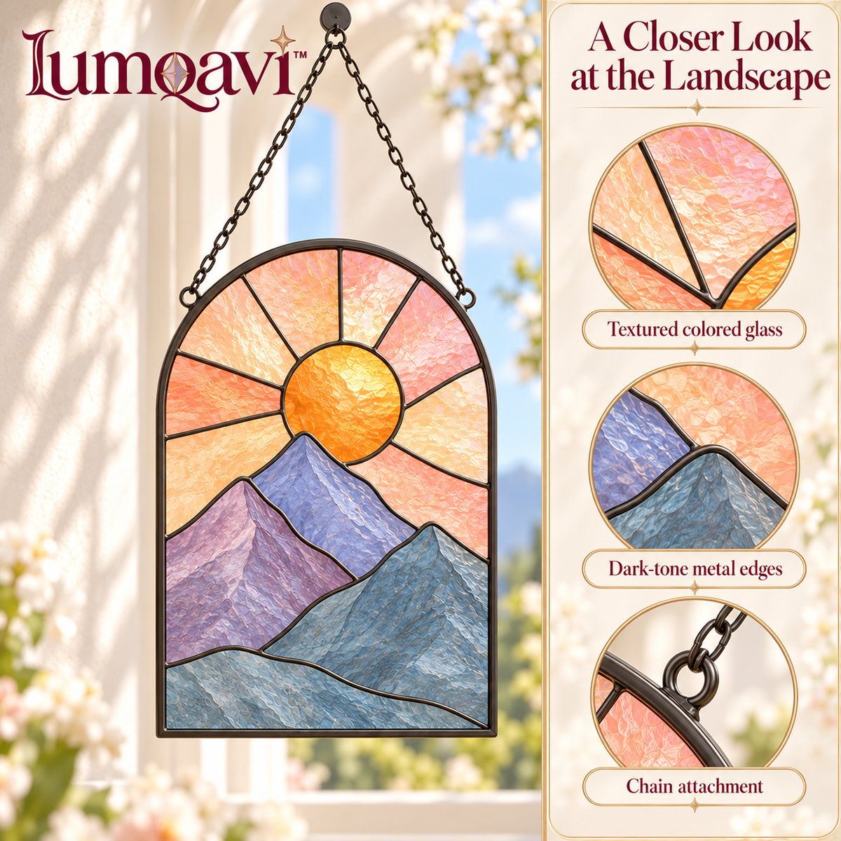 lumqavi™ Mountain Sunrise Glass Suncatcher — Arched Landscape Window Hanging with Layered Peaks, Nature-Inspired Home Decor, 9 Inch